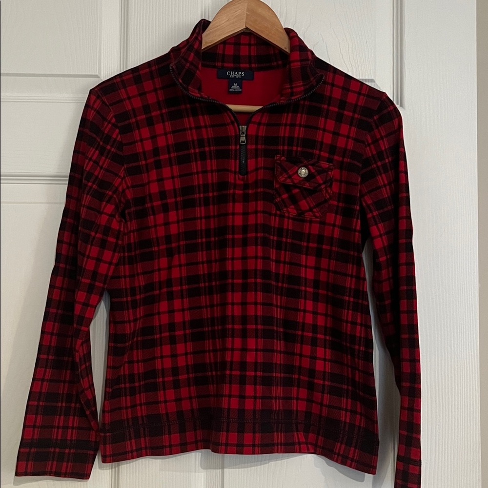 CHAPS Red and Black Plaid Quarter-Zip Top